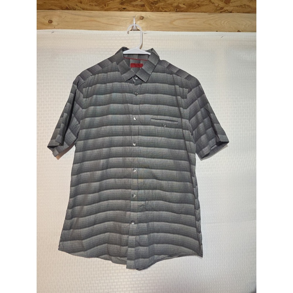Alfani Slim Fit Mens Short Sleeve Black Gray Check Pocket Large L 100% Cotton
